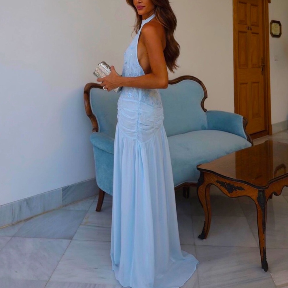 ZARA Embroidered Ruched Open Back Dress